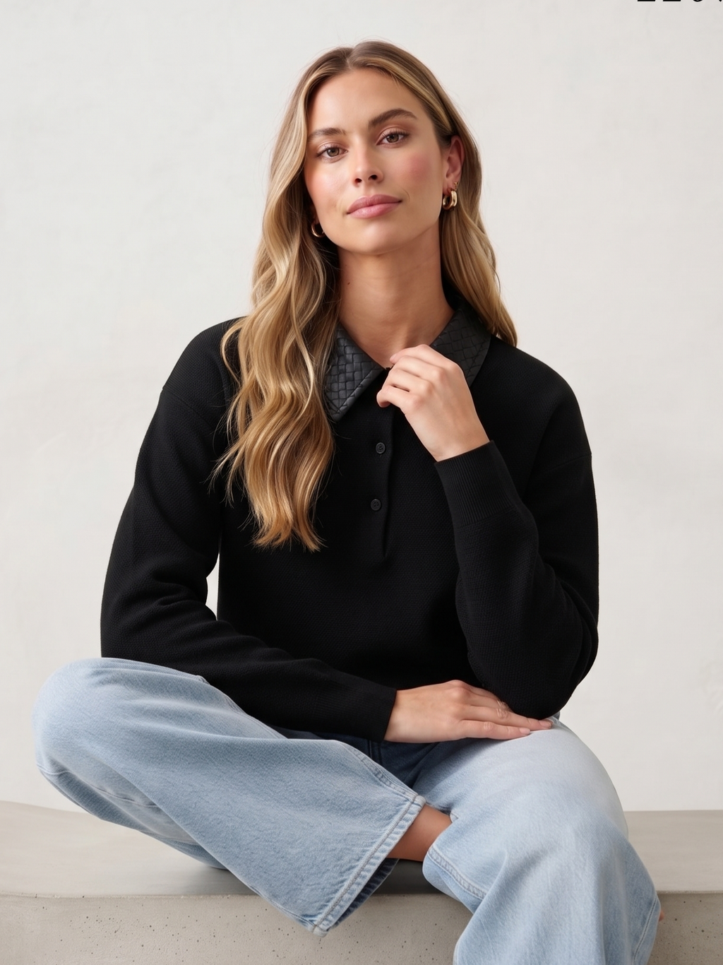 Pull polo cuir & maille