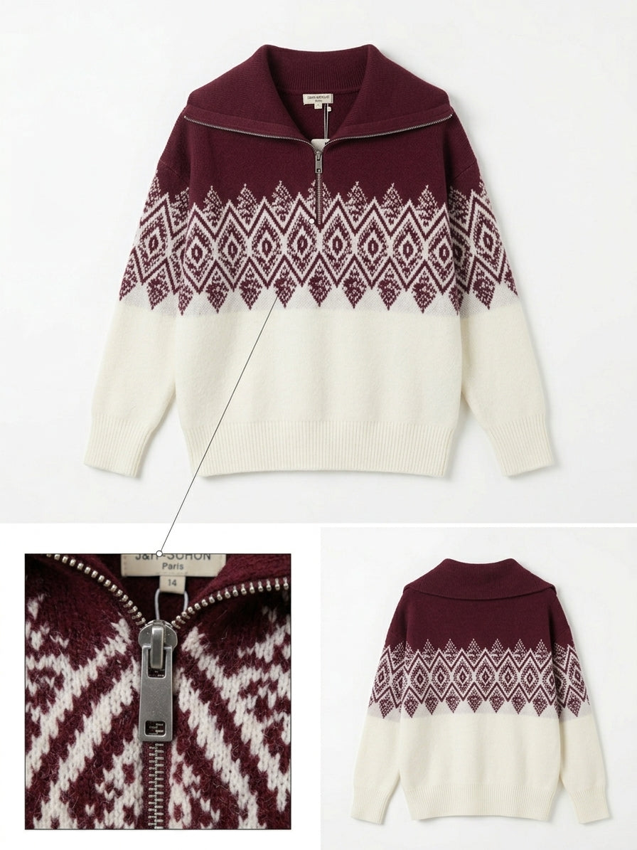 Pull zippé motif géo