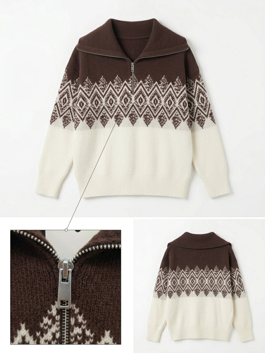 Pull zippé motif géo