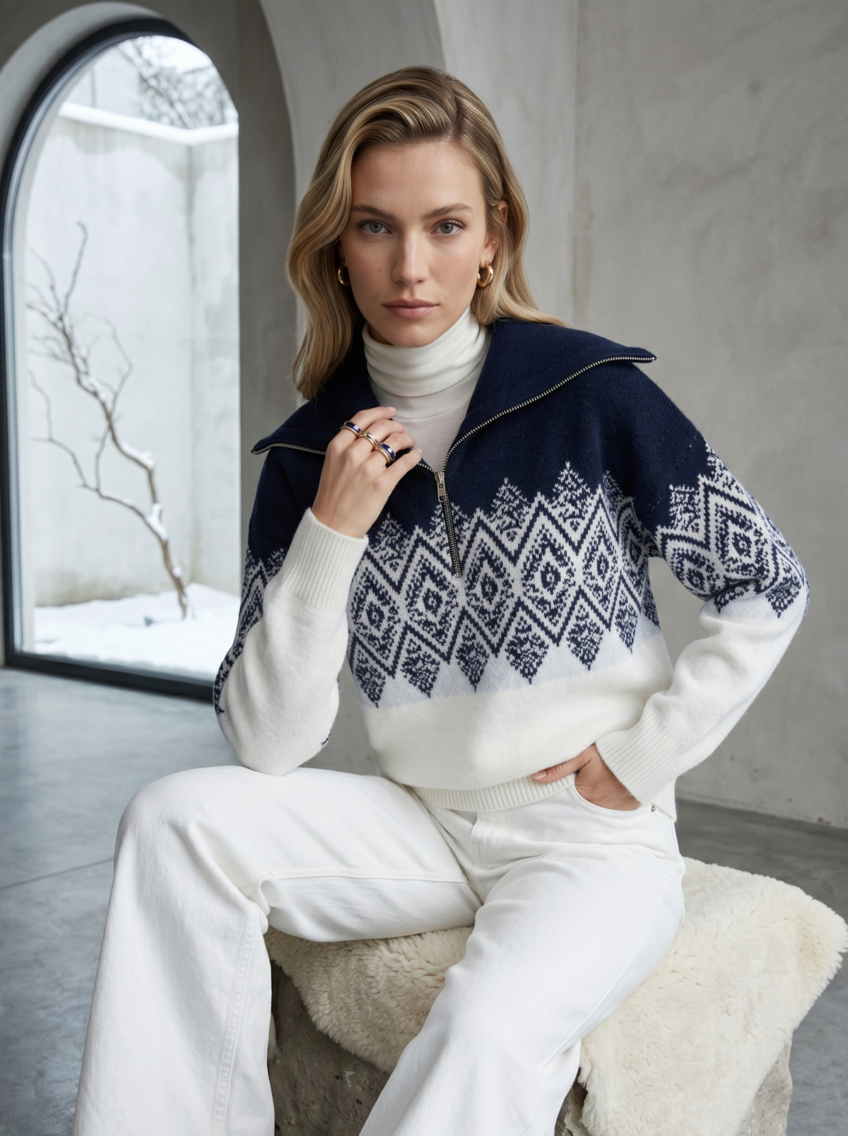 Pull zippé motif géo