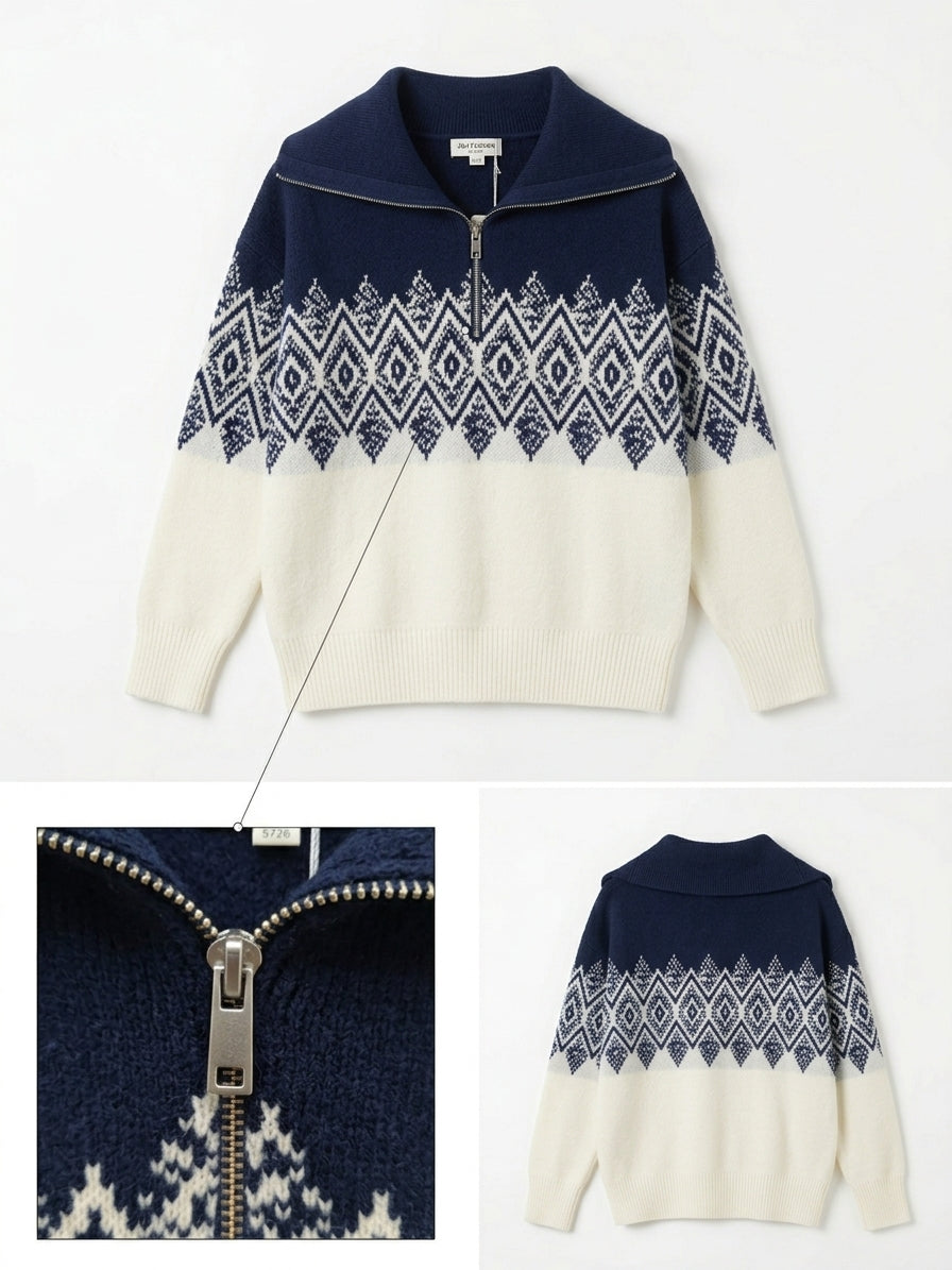 Pull zippé motif géo